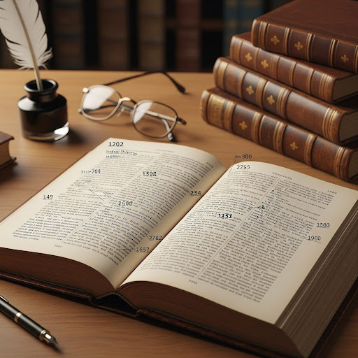 Opened book and sources that a researcher needs.