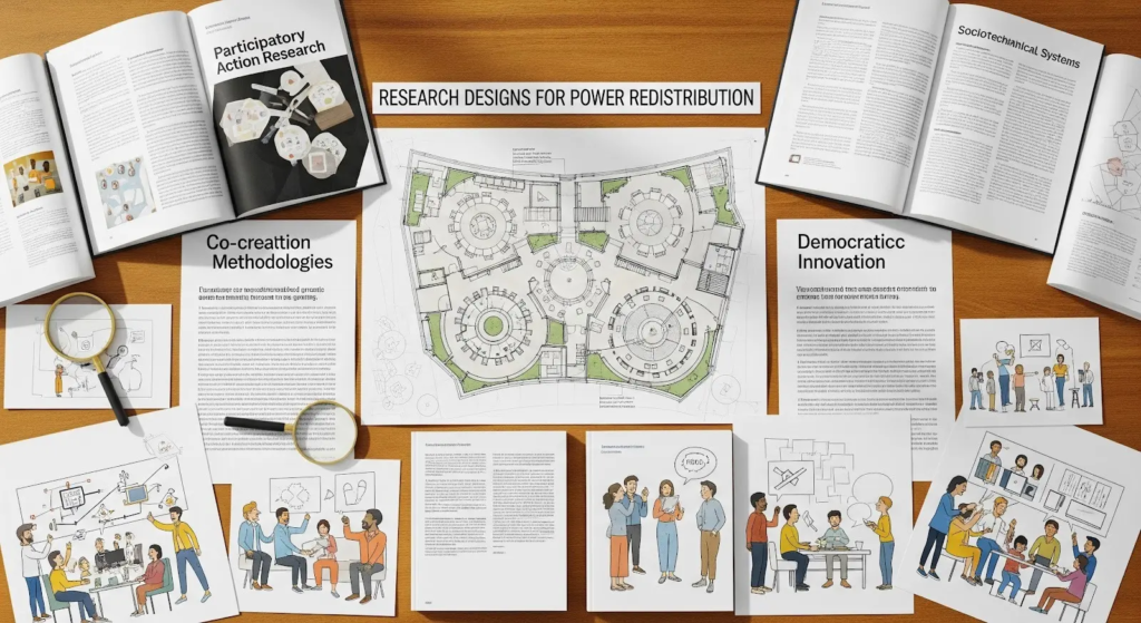 Image shows different papers and books saying cocreation methodologies and democratic innovation. The title says research design for power redistribution