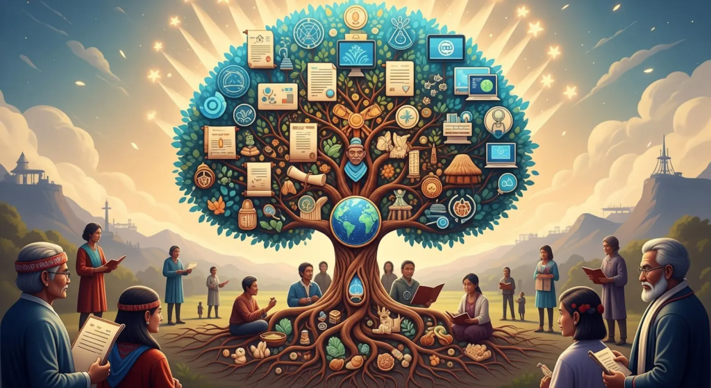 Global Inclusive learning, a tree full of skills with a globe centered which shows inclusion and diversity in learning.