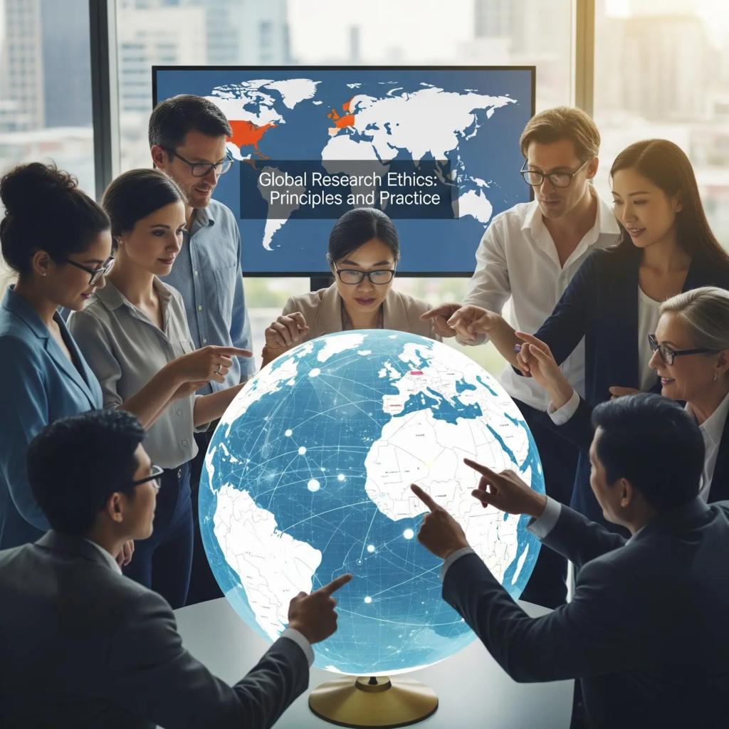 Image of people touching different spots on the global to represent diversity and the heading says global research ethics: principles and practices