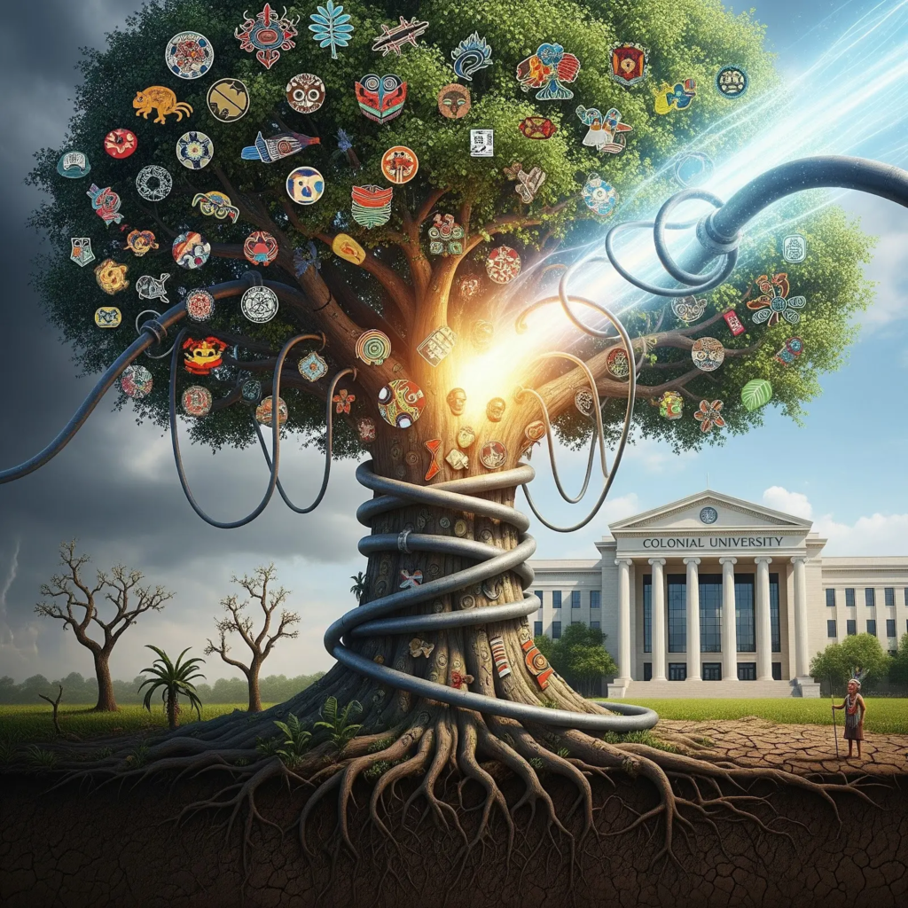 Tree representing diverse cultures is being pulled down by an electrical rope representing modernity