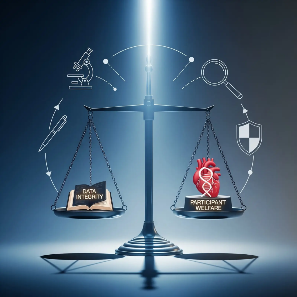 Scale showing balance with one side saying data integrity and the other participant welfare.