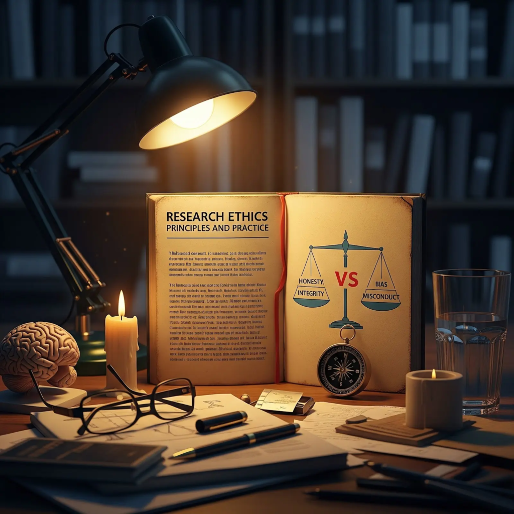 Open book titled Research Ethics Principles and Practices. Candles burning, spectacles, pens and other paperwork are also on the desk.