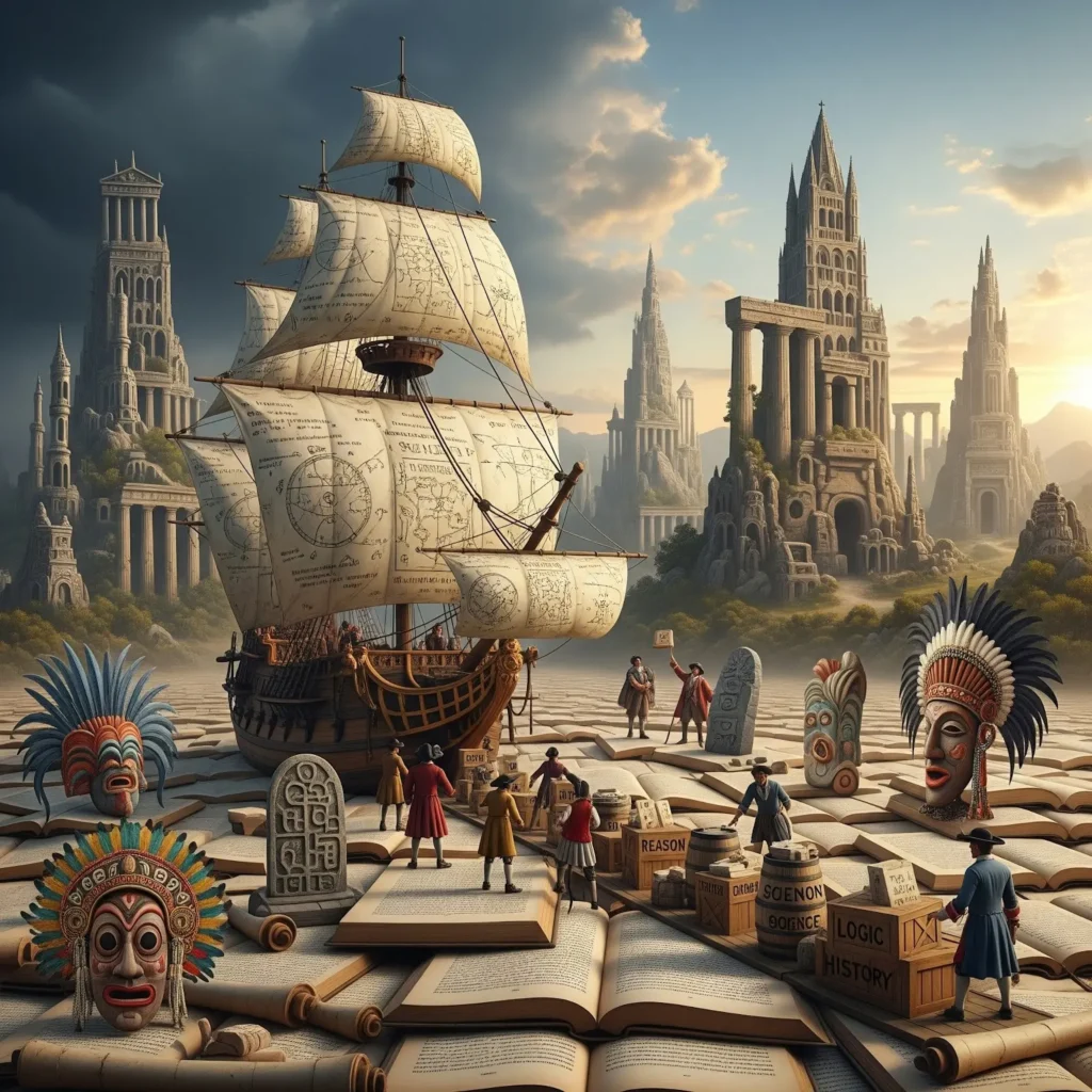 A colonial ship sails through books with images of indigenous cultures on them, representing colonial knowledge taking over indigenous knowledge