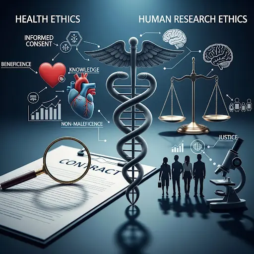 Image shows health ethics and human research ethics with the hippocratic oath symbol