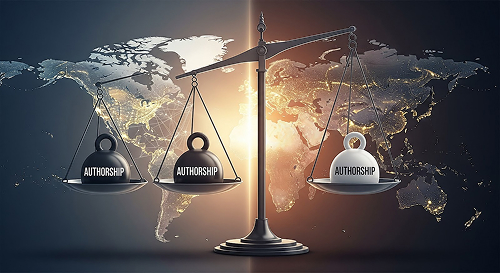 Equitable research authorship, with a balance scale over a world map representing global research equity and donor impact.