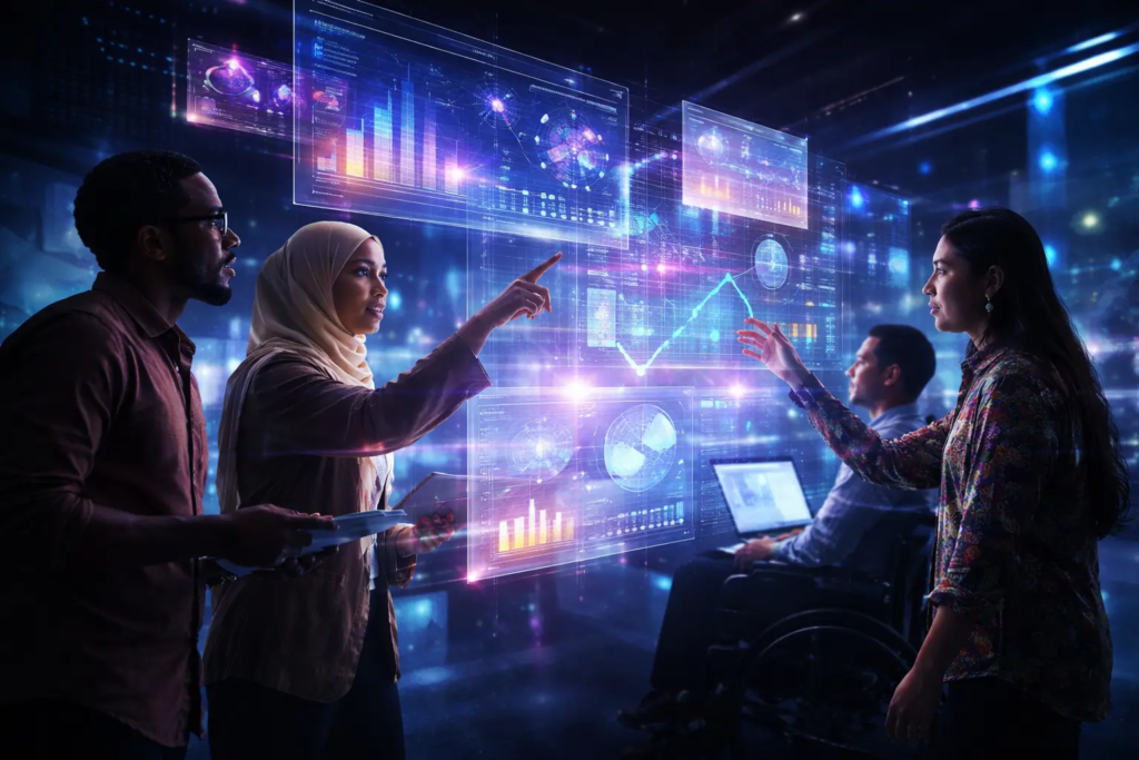 A diverse group of people in a futuristic scene working together.