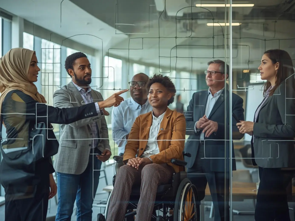 A diverse group of people working together. Analyzing data and co developing programs.