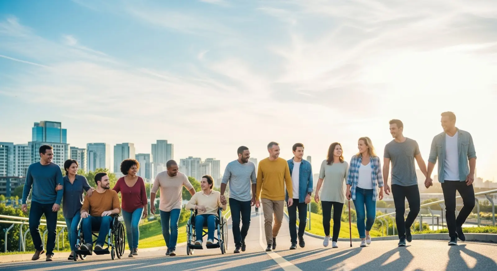 an inclusive system with diverse people stepping towards a bright future.