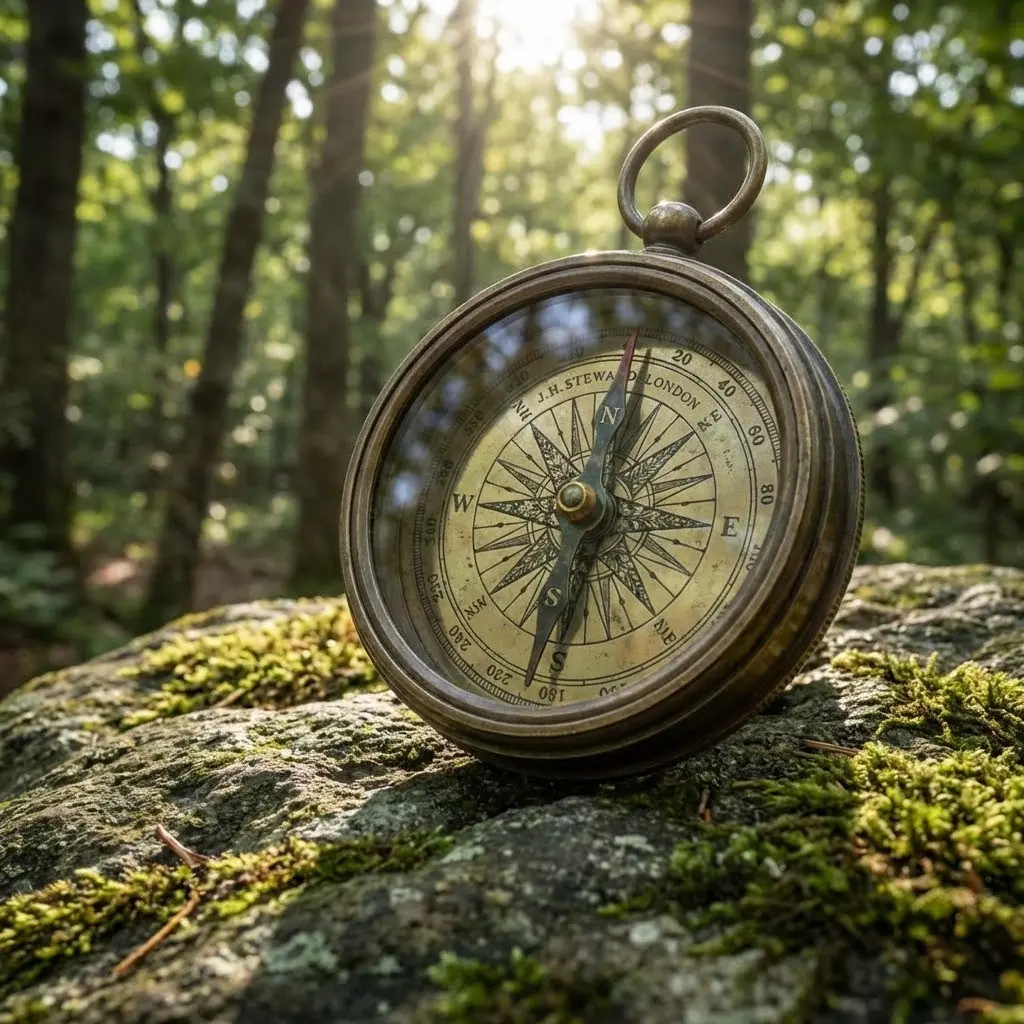 compass on a stone in a jungle