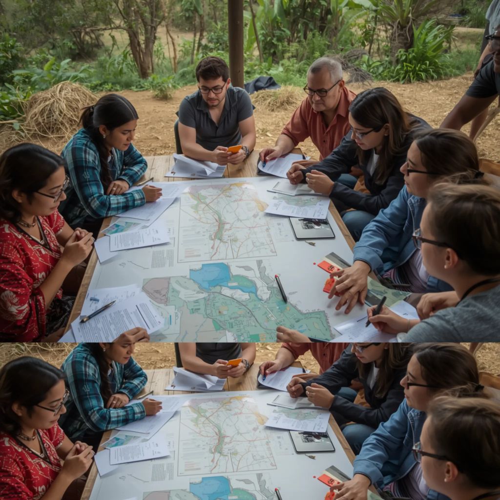 A respectful research collaboration scene: Indigenous community members and researchers co-designing a project on a large wooden table outdoors.