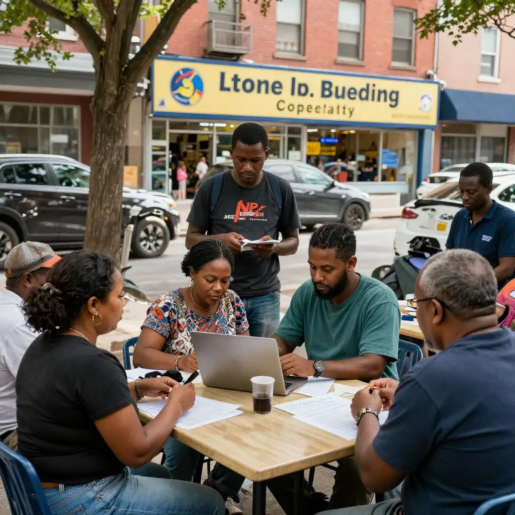 Workers collaboratively managing a local cooperative business that reinvests profits into the neighbourhood.