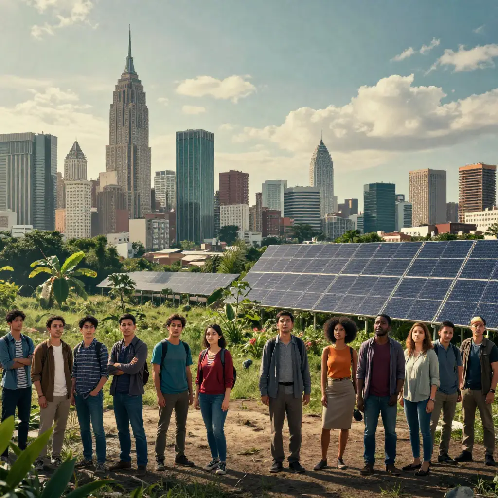 Humanity standing at a crossroads between ecological collapse and cooperative sustainable futures.