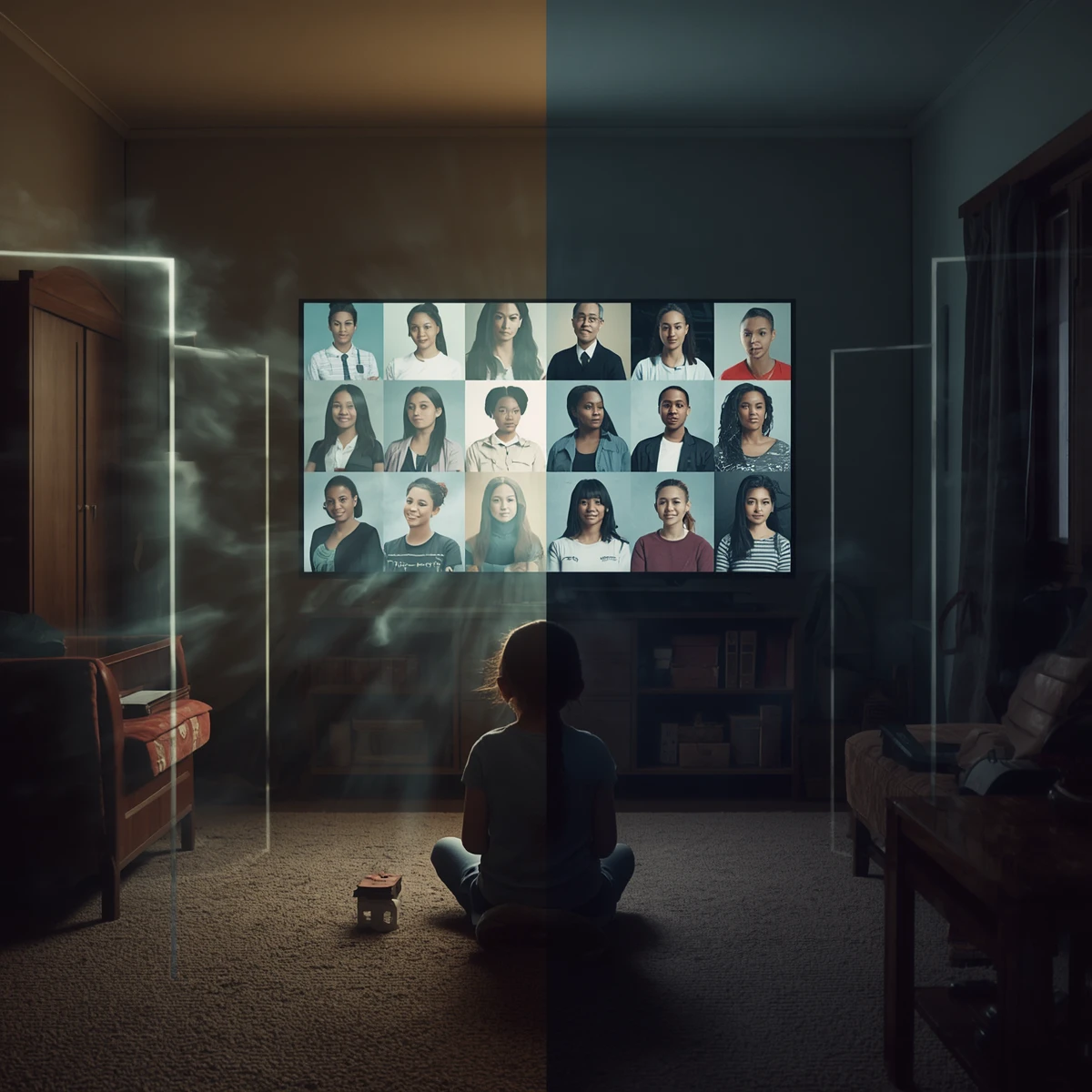 A young girl watches stories of women leaders, students, and professionals on a screen as symbolic barriers around her begin to disappear, representing the power of media and role models to broaden opportunities and challenge stereotypes.