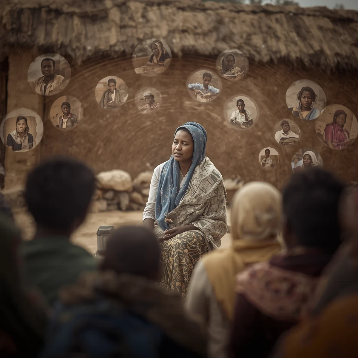 A woman speaks confidently at a community gathering as her actions inspire other women and girls to participate in education, leadership, and public life, symbolising the spread of social change through local role models.