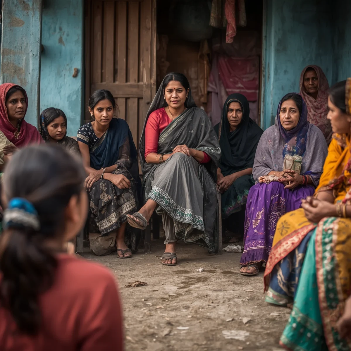 A female community leader chairs a village meeting while girls and women observe, highlighting how visible women in leadership can influence aspirations and challenge gender norms.