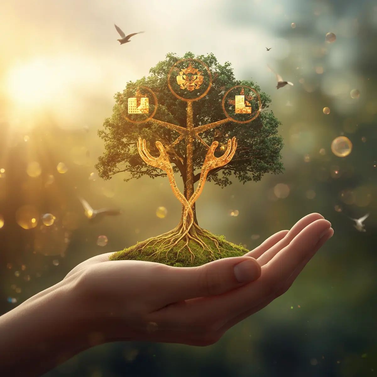 A symbolic tree grows from a hand, with roots representing collective benefit, authority to control, responsibility, and ethics, while its branches share digital information equally between researchers and communities, illustrating the CARE Principles for Indigenous Data Governance.