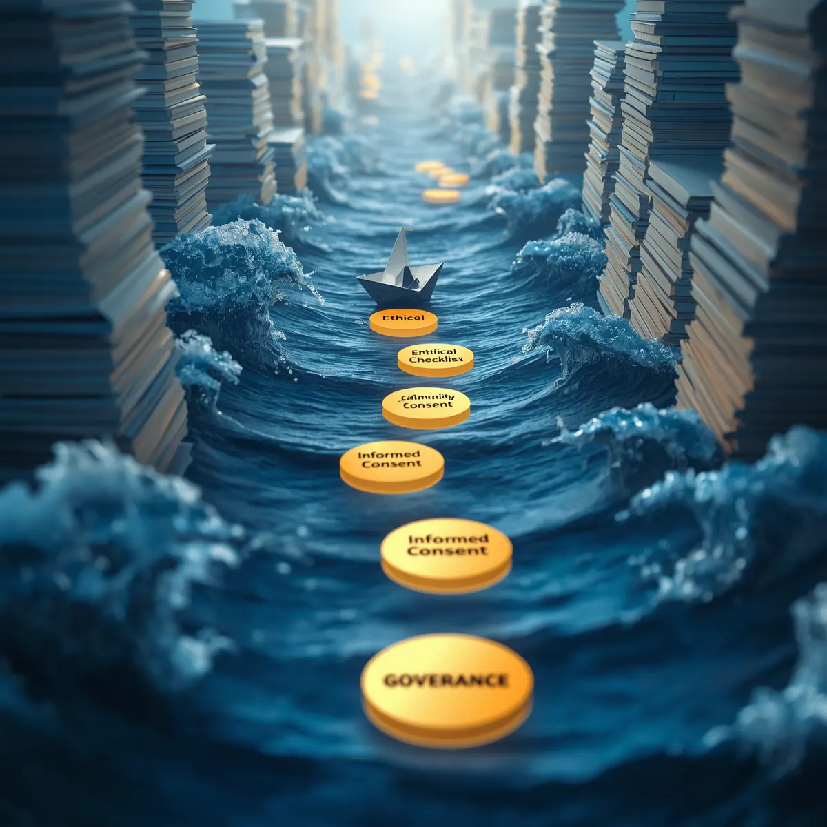 A small paper boat sails through an ocean of large contracts and legal documents, leaving a trail of glowing stepping stones that represent ethical research practices, showing how small organisations can influence broader systems through practical actions on data sovereignty.