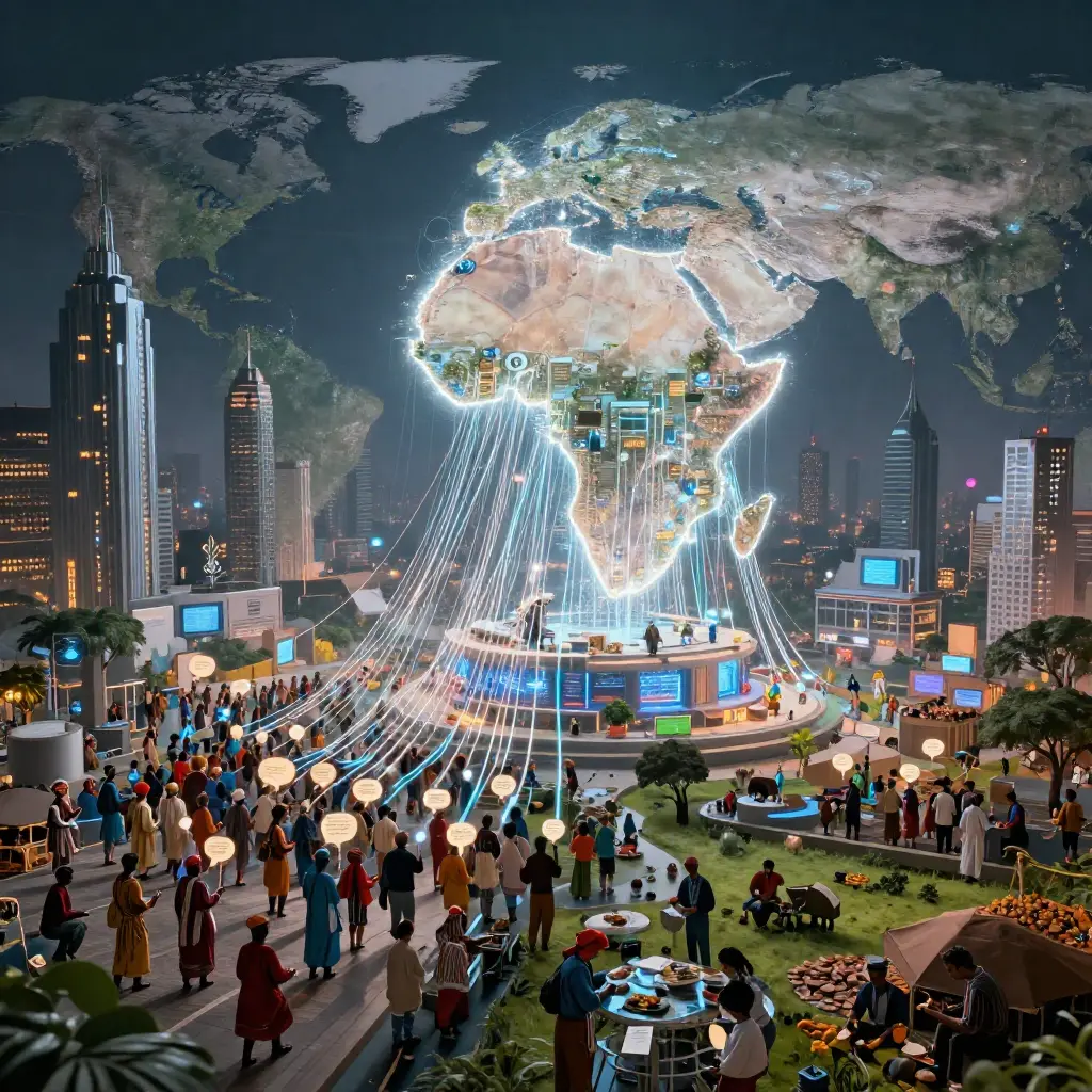 A futuristic AI system in the Global North extracts data and cultural knowledge from communities across the Global South, illustrating unequal power, data flows, and the ethics of AI in development research.