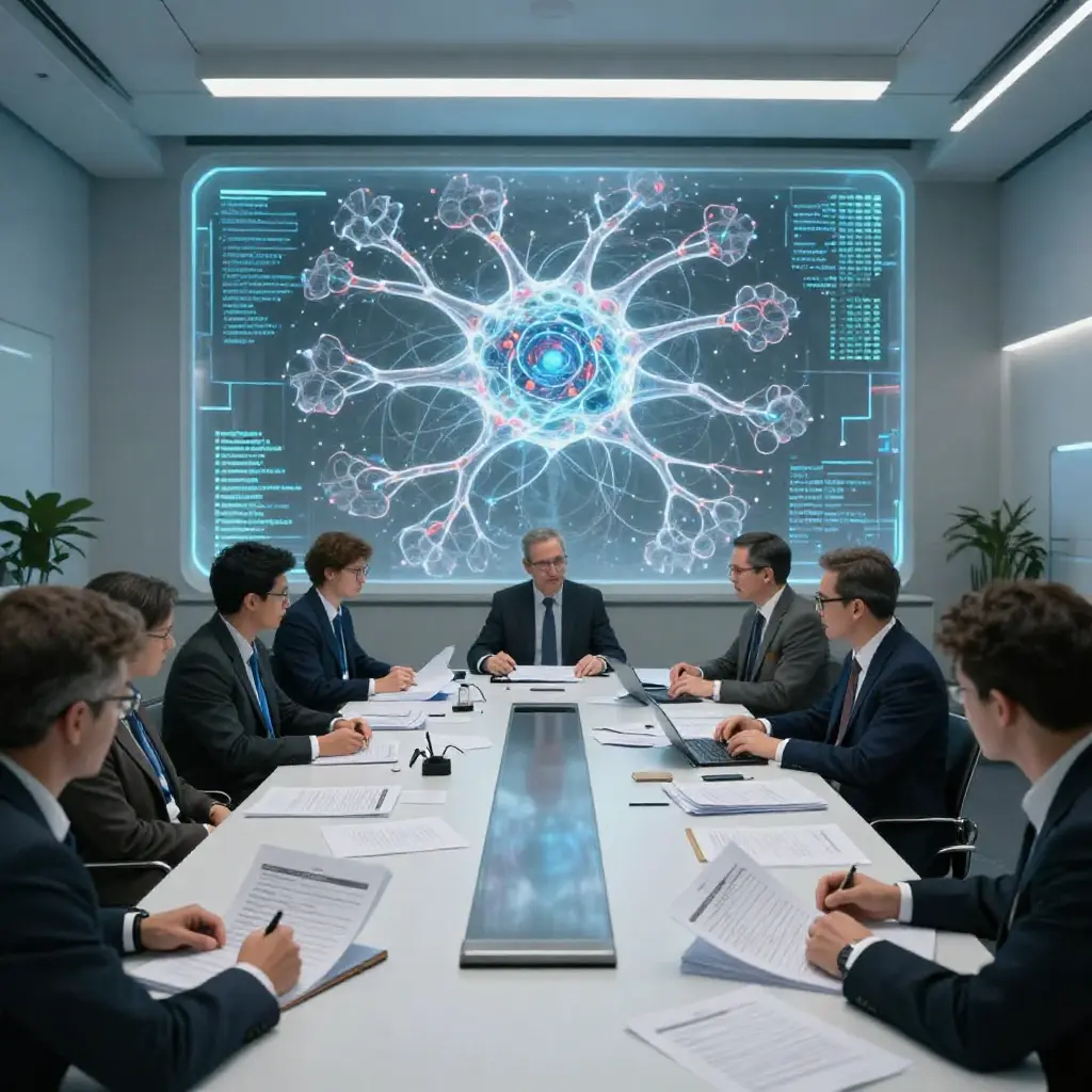 Researchers present an AI-powered study to an ethics review board focused on paper consent forms, while a massive AI network expands unnoticed behind them, representing outdated research oversight.