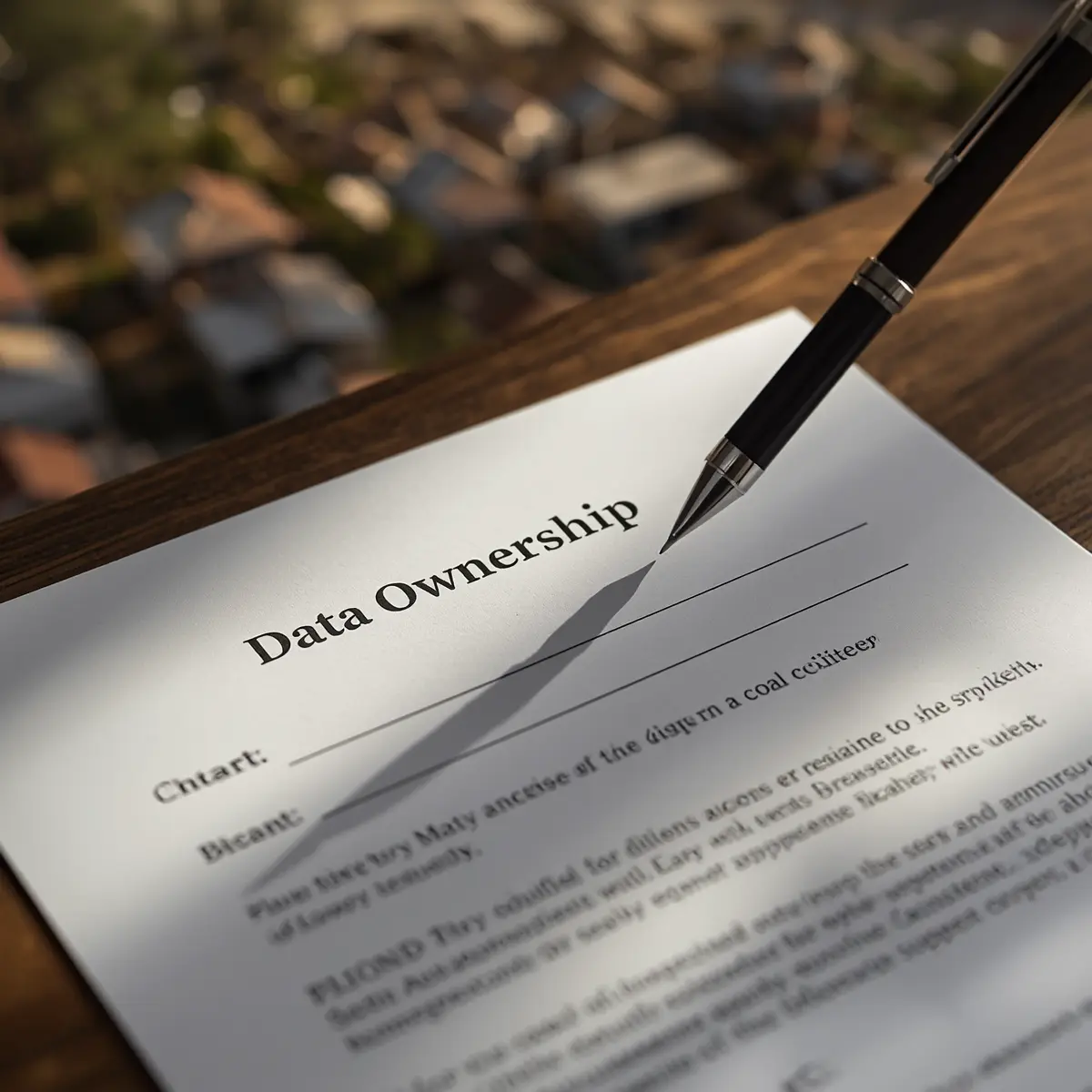 A close-up of an unsigned contract with a blank section for data ownership beside a checklist and pen, illustrating how unaddressed data governance decisions can affect communities and highlighting the importance of discussing data sovereignty before agreements are signed.