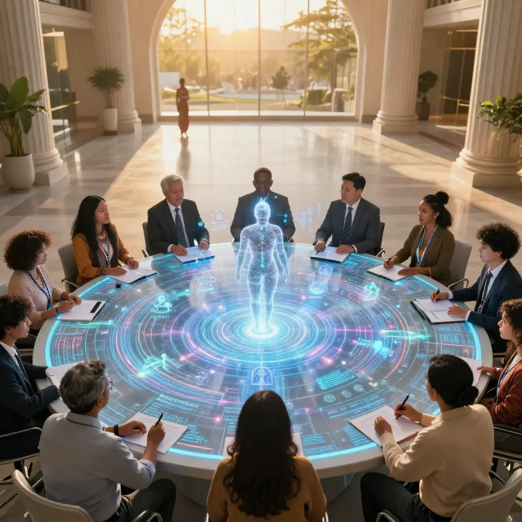 Diverse community representatives, researchers, and ethics experts collaborate around a holographic AI model, symbolising inclusive governance, shared decision-making, and ethical AI in research.