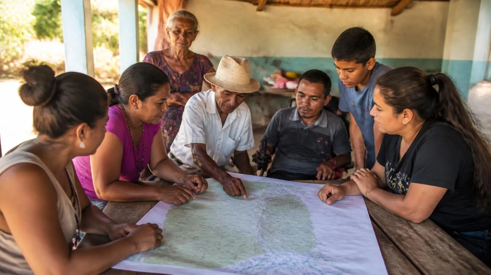 A diverse group of community members collaboratively examines water-access information, representing an intersectional approach to understanding whose experiences shape decisions.