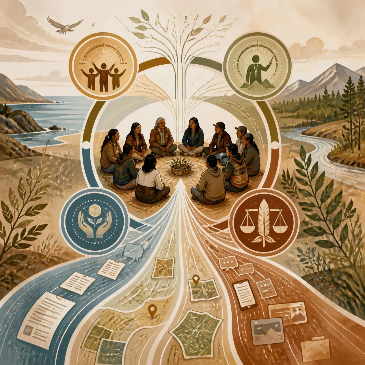 community-centered illustration shows data flowing toward collective benefit, control, responsibility, and ethical decision-making.