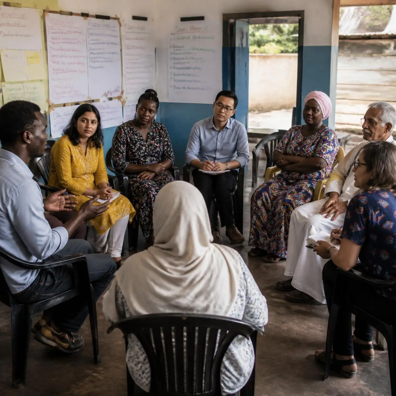 Community members and researchers participate in a discussion while the composition highlights questions about whose voices are represented and whose perspectives may be missing.