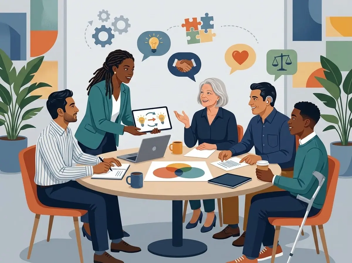 A visual representation of diversity, equity, and inclusion, depicting diverse individuals collaborating in an inclusive and equitable environment.